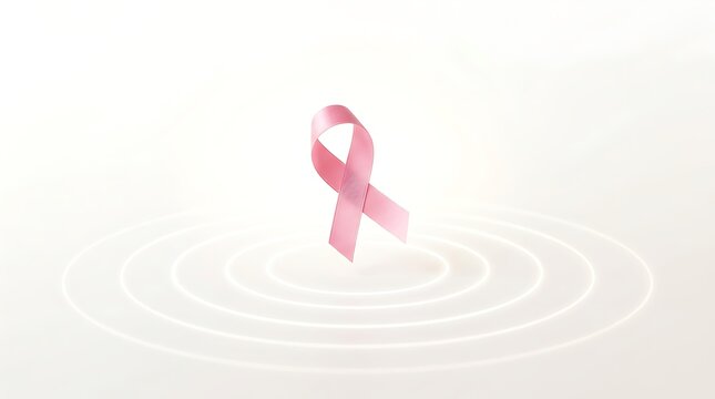 &ldquo;Simple soft pink awareness ribbon floating above gentle concentric circles on a pure white background&rdquo;
