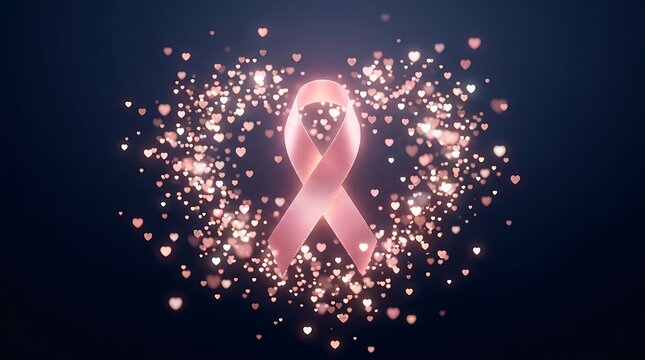 &ldquo;Pink breast-cancer awareness ribbon surrounded by a circle of glowing hearts and light particles on a deep dark blue background&rdquo;