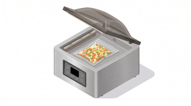 Isometric chamber vacuum sealer with a lid and a sealed pouch
