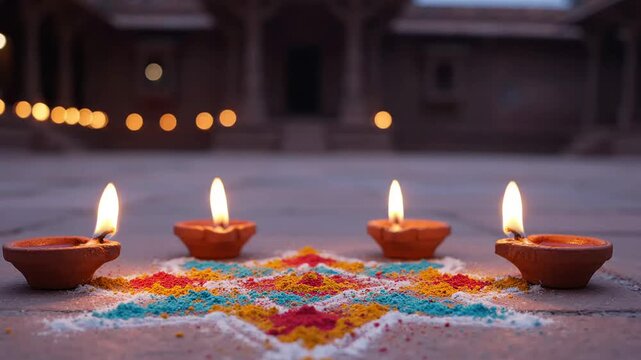 Traditional indian diwali festival celebration with glowing clay oil lamps and colorful rangoli floor art pattern during deepawali holiday ritual ceremony cultural events
