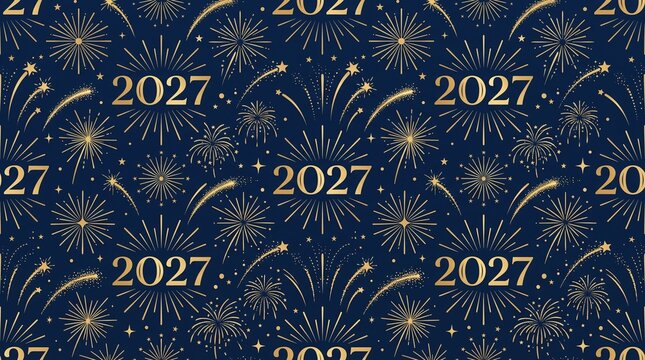 Seamless Pattern with Gold 2027 Text and Fireworks on Dark Blue Background