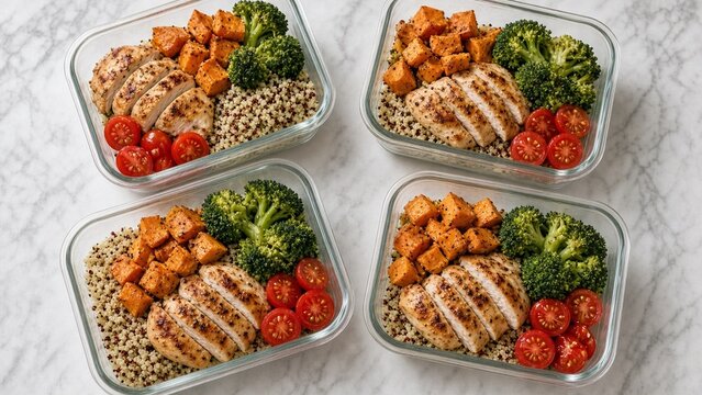 Meal prep containers with colorful balanced lunches