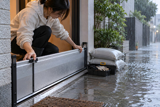Woman Installing a Flood Barrier at Home During Heavy Rain