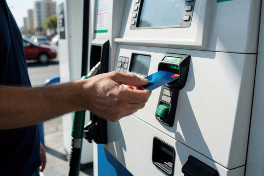 Man inserts credit card into gas pump payment terminal. Customer pays for auto fuel at urban service station. Motorist uses bank card for transaction.