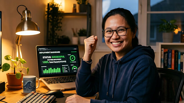 Woman celebrates successful AI driven software deployment optimizing workflow efficiency Practical use of Artificial Intelligence