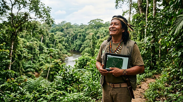 Indigenous man uses AI powered tablet for forest conservation and data analysis in the Amazon Practical use of Artificial Intelligence