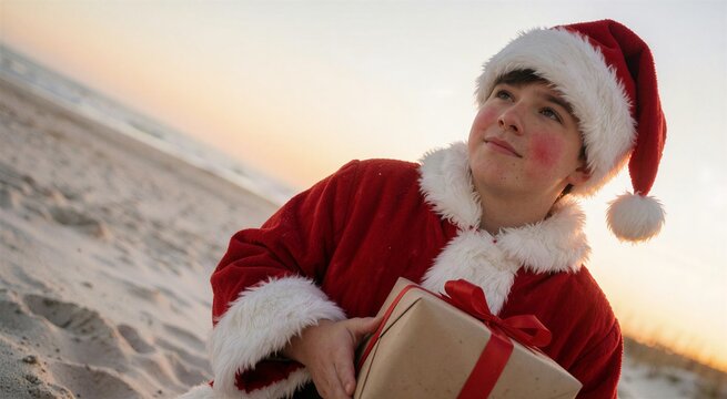 Teenage Santa Claus with rosy cheeks holds a wrapped Christmas present on a sandy beach during golden hour.