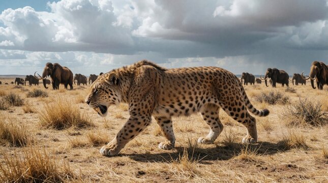 Saber tooth cat prowls arid grassland near mammoth herd. Prehistoric predator hunts extinct megafauna under cloudy sky. Ancient wilderness scene shows wild nature life.