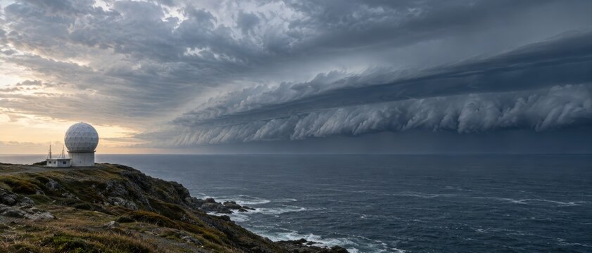 Severe weather rolling in with dramatic roll cloud over coastal ocean