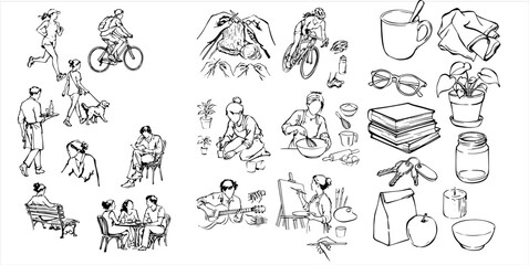 Obraz premium Comprehensive hand drawn line art vector mega collection featuring diverse people activities creative hobbies domestic household objects icon set.