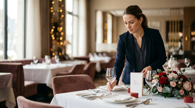 Professional waitress in a dark blazer setting a dining table with glassware and a menu card in a luxury restaurant interior.