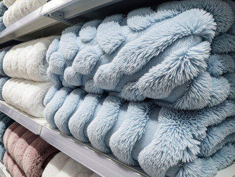 Soft plush blankets stacked on retail store shelves. Blue shaggy fleece textiles, white cozy throws display in department store. Close up view of textured fabric material for home decor, bedding.