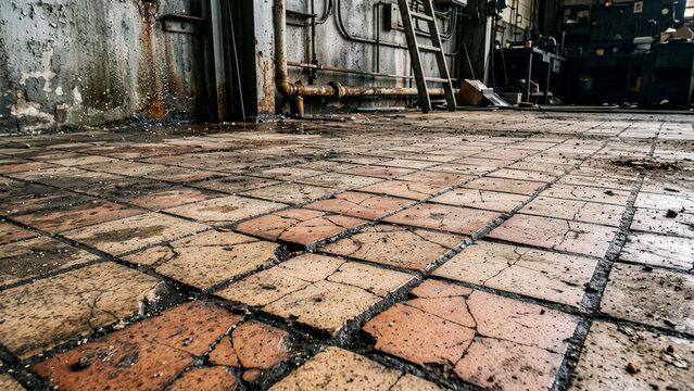 Cracked and dirty tiled floor in an abandoned industrial factory building