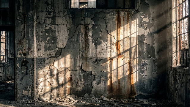 Sunlight casting shadows through a window on a peeling plaster wall in a ruined building