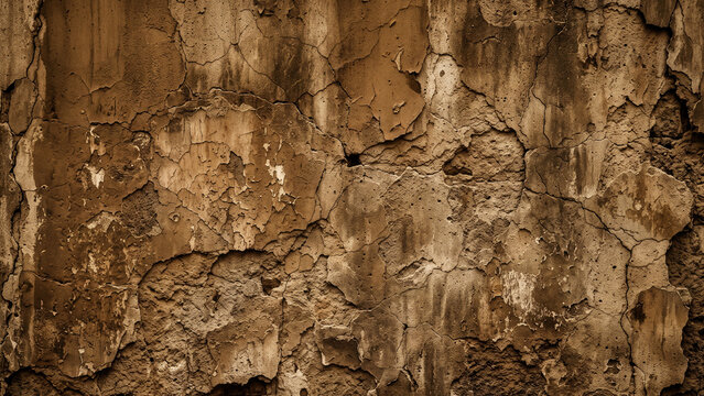 Close up of an old brown cracked mud and plaster wall texture