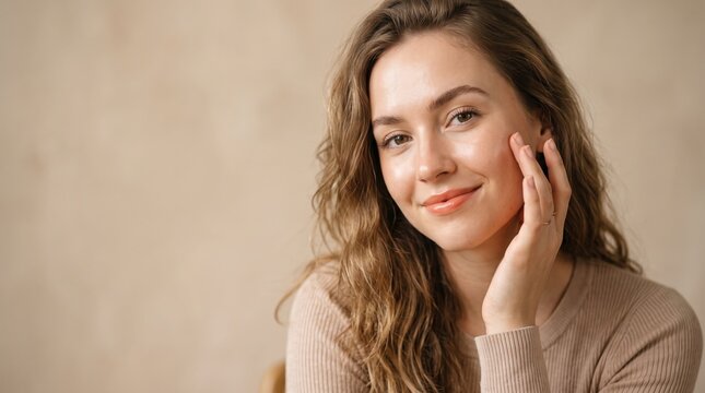 Young woman with natural makeup touching her cheek and smiling at camera