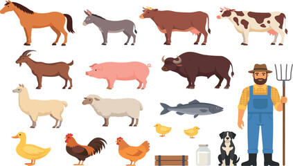 Obraz premium Farm animals vector collection featuring domestic livestock poultry horse cow sheep pig and male farmer holding pitchfork isolated on white,