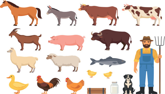 Farm animals vector collection featuring domestic livestock poultry horse cow sheep pig and male farmer holding pitchfork isolated on white,