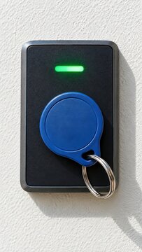 Macro view of a round access key fob on a wall-mounted reader pad with a green light in bright daylight