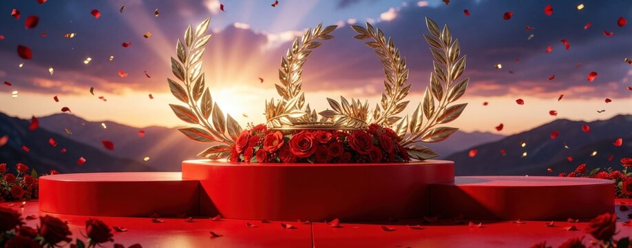 Three red podium levels stand under sunset sky with mountain landscape. Golden laurel wreaths, red roses decorate winner stage. Gold petals fall over empty award pedestal for sports ceremony
