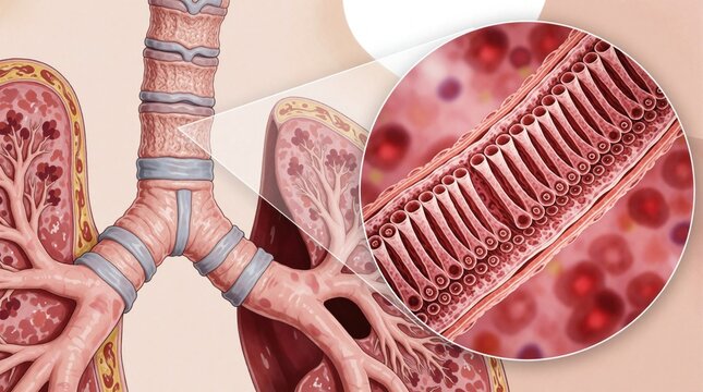 Detailed cross section of human lungs trachea and bronchi. Magnified view shows epithelial lining with cilia and goblet cells. Microscopic view of red blood cells.
