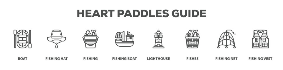 Fototapeta premium Heart Paddles Guide with icon of Boat, Fishing hat, Fishing, Fishing boat, Lighthouse, Fishes, Fishing net, Fishing vest