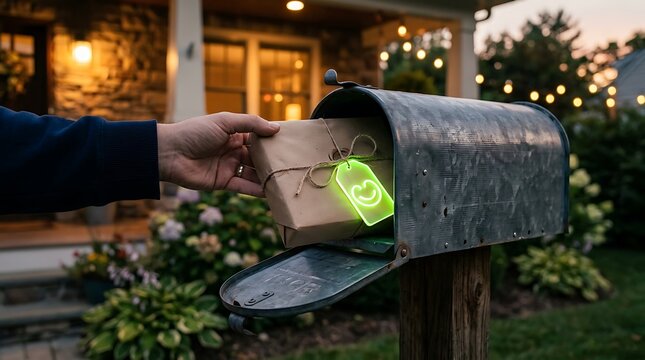 Hand Placing Gift Package in Mailbox at Dusk