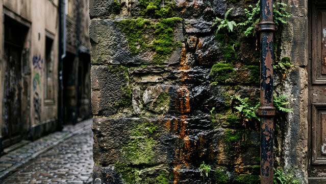 Damp mossy stone wall with a rusty pipe in an old narrow cobblestone alleyway