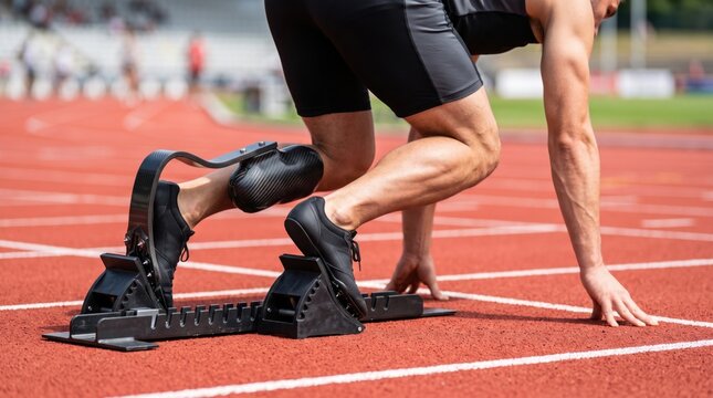 A sprinter with a prosthetic leg is in the starting position on a track, ready to race.