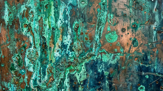 Abstract macro texture of green liquid patina oxidation on copper metal