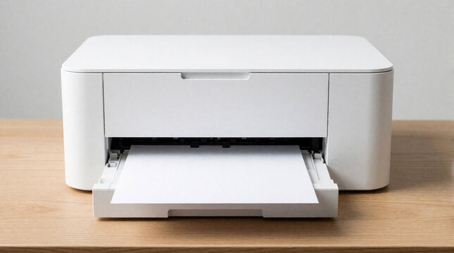 Modern white printer ejects blank paper sheet onto light wooden desk surface. Minimalist office equipment for business, design, or tech mockups and templates.