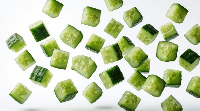 Diced cucumber cubes float mid-air against white backdrop. Fresh green pieces show seed patterns, suggesting healthy food ingredient, cool summer snack preparation, or abstract cuisine.