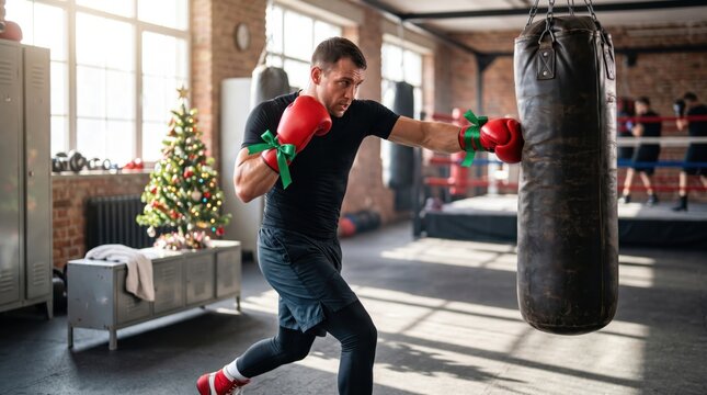 A man wearing red boxing gloves with green ribbons punches a heavy bag in a gym decorated with a Christmas tree.