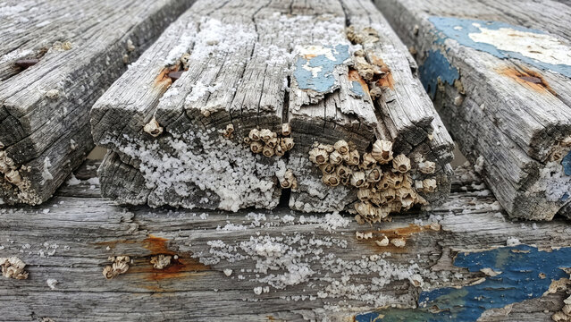 Weathered wooden pier planks covered in white sea salt and barnacles