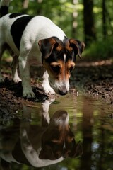 Fototapeta premium Small Jack Russell Terrier dog looks at reflection in muddy forest puddle. White, brown pet stands on dirt path near water. Curious canine observes own image in nature during outdoor walk in green
