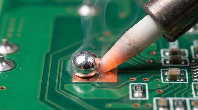 Electric soldering iron tip, with heated point melting silver solder ball, repairing electronic circuit board, on a green PCB table, engineering photography
