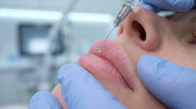 Cosmetology syringe needle, with clear hyaluronic acid drop above lips, administering lip filler injection, in a medical aesthetic clinic, aesthetic photography
