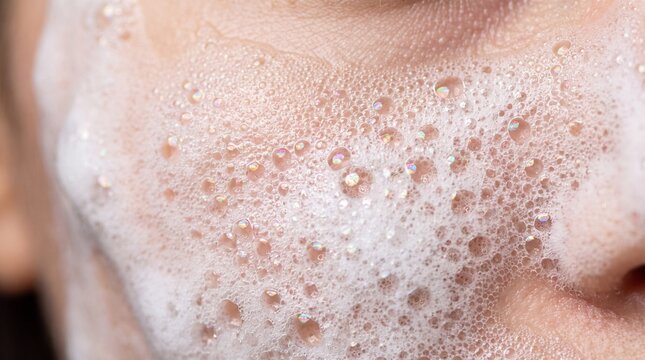 Foam face cleanser texture, with white soapy bubbles and iridescent reflections, covering smooth human skin, in bathroom beauty routine, skincare photography