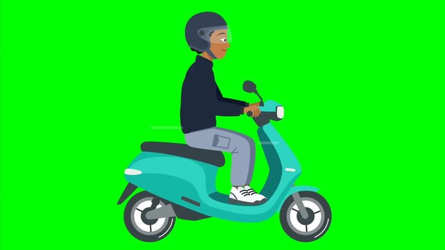 2D Flat Vector Animation of a Solo Male Commuter Riding a Scooter, Seamless Loop on Green Screen