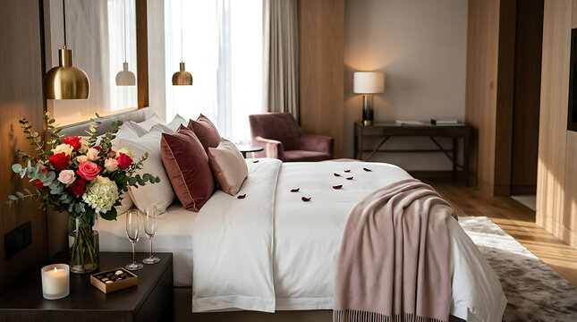 Romantic luxury hotel bedroom setup with rose petals, bouquet, and champagne for anniversary or honeymoon celebration.