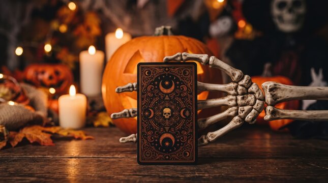 A spooky Halloween scene with a skeleton hand holding a mystical tarot card, surrounded by lit candles and carved pumpkins on a wooden table.