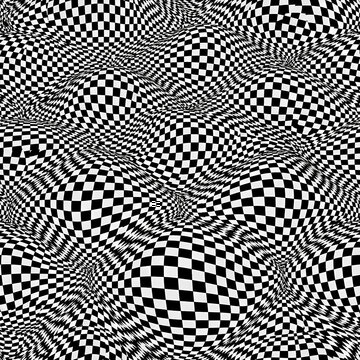 Wavy black and white checkerboard pattern creating a mesmerizing optical illusion.