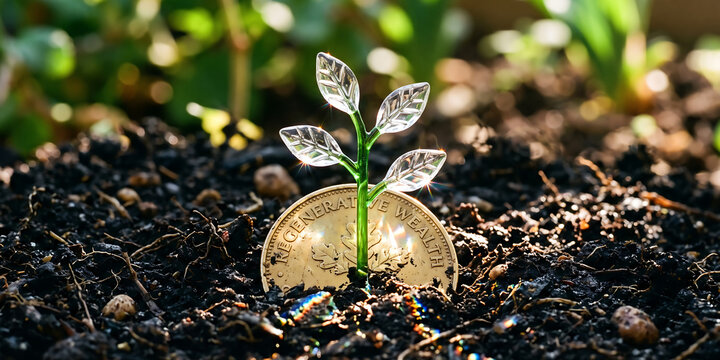 Golden coin buried in soil sprouting green plant symbolizing financial growth and investment success.