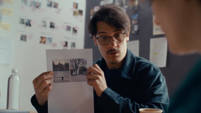 Creative filmmaker holding printed location scouting references and explaining landscape images to colleague during preproduction meeting. Over the shoulder shot
