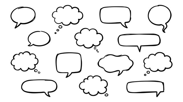 Hand drawn speech and thought bubble set, blank doodle talk balloons, line art sketch message clouds isolated on transparent background illustration