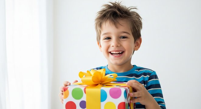 Delightful Birthday Surprise: A happy young boy with a wide smile receives a colorful, polka-dotted gift box tied with a bright yellow ribbon, anticipating a joyous celebration.