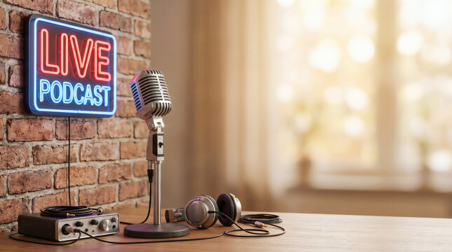 vintage microphone with neon live podcast sign on brick wall retro broadcast studio setup photorealistic professional with copyspace