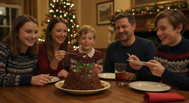 Christmas Pudding Family Gathering: A smiling family sits around a wooden table, enjoying a festive Christmas pudding as part of their holiday celebration.