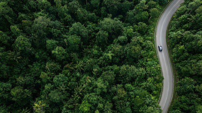 High angle aerial view of a dark blue car driving on a curving asphalt road along the edge of a dense green tropical rainforest jungle