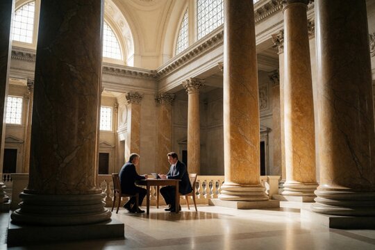 Two men in suits meet at table inside grand hall with marble columns. Discuss legal documents, suggesting business court consultation. Sunlight streams through large windows, creating dramatic
